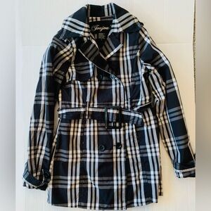 Joujou Girls Black White Plaid Lined Button Dbl Breasted Windbreaker Jacket Sz L